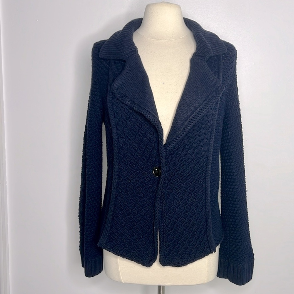 Anthro Maeve Chunky Cable Knit structured Cardigan Sweater navy Blue small - Picture 4 of 12